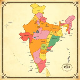 A beautifully detailed map of India, showcasing the various states and territories