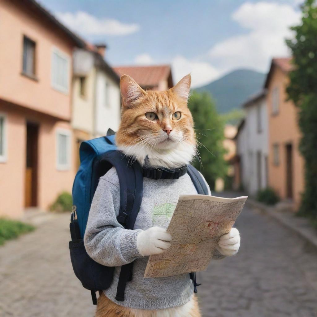 An adventurous cat holding a map and wearing a backpack, eagerly preparing for a grand journey with a quaint neighborhood of cozy houses serving as the backdrop.