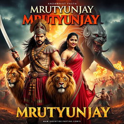 A cinematic fantasy film poster titled 'MRUTYUNJAY' featuring a 30-year-old Indian mythical warrior wearing traditional warrior attire and a detailed warrior helmet, wielding a sword