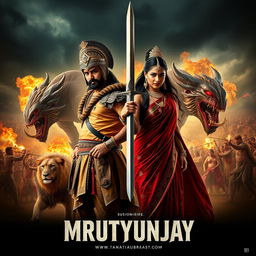 A cinematic fantasy film poster titled 'MRUTYUNJAY' featuring a 30-year-old Indian mythical warrior wearing traditional warrior attire and a detailed warrior helmet, wielding a sword