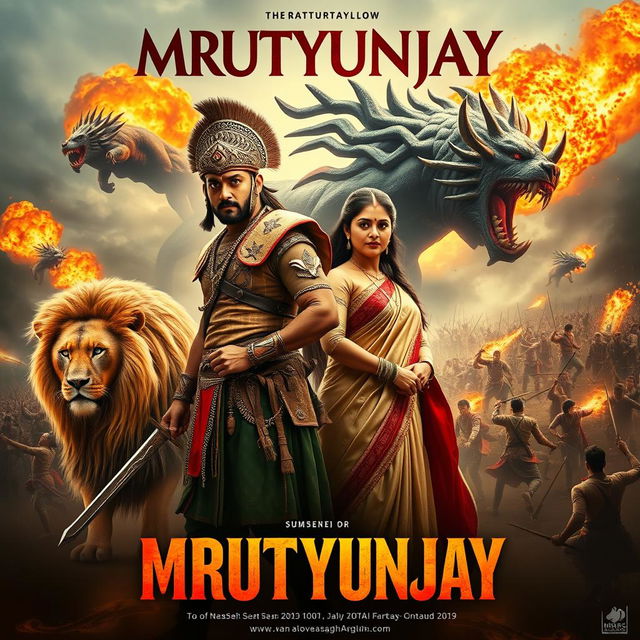 A cinematic fantasy film poster titled 'MRUTYUNJAY' featuring a 30-year-old Indian mythical warrior wearing traditional warrior attire and a detailed warrior helmet, wielding a sword