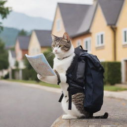 An adventurous cat holding a map and wearing a backpack, eagerly preparing for a grand journey with a quaint neighborhood of cozy houses serving as the backdrop.