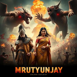 A cinematic fantasy film poster titled 'MRUTYUNJAY' featuring a 30-year-old Indian mythical warrior wearing traditional warrior attire and a detailed warrior helmet, wielding a sword