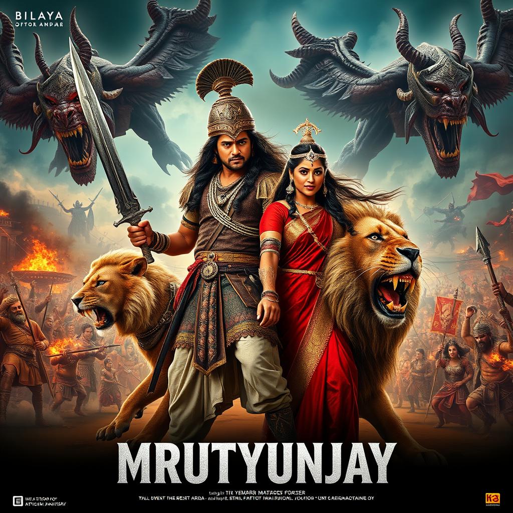 A stunning cinematic action fantasy film poster for 'MRUTYUNJAY'