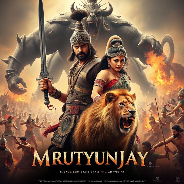 A stunning cinematic action fantasy film poster for 'MRUTYUNJAY'