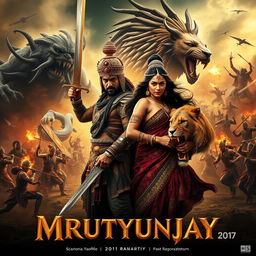 A stunning cinematic action fantasy film poster for 'MRUTYUNJAY'