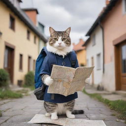 An adventurous cat holding a map and wearing a backpack, eagerly preparing for a grand journey with a quaint neighborhood of cozy houses serving as the backdrop.