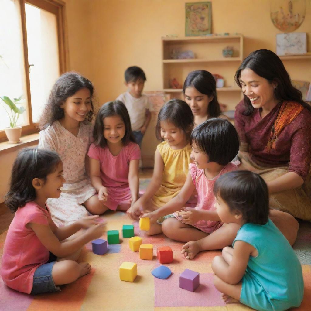 A harmonious scene of children of various backgrounds and cultures being treated fairly, playing joyously in a safe, nurturing environment full of color and light.