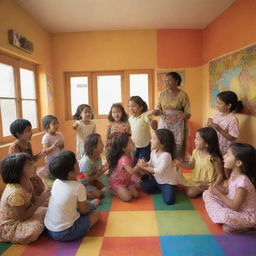 A harmonious scene of children of various backgrounds and cultures being treated fairly, playing joyously in a safe, nurturing environment full of color and light.