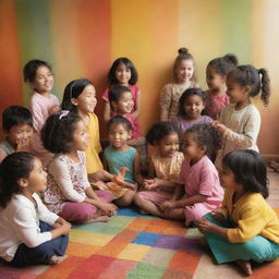 A harmonious scene of children of various backgrounds and cultures being treated fairly, playing joyously in a safe, nurturing environment full of color and light.