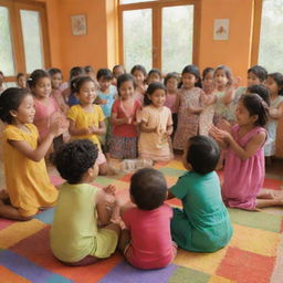 A harmonious scene of children of various backgrounds and cultures being treated fairly, playing joyously in a safe, nurturing environment full of color and light.