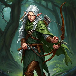 A forest elf scout, elegantly dressed in leather garments and a forest-green cloak that blends with the surroundings