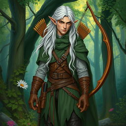 A forest elf scout, elegantly dressed in leather garments and a forest-green cloak that blends with the surroundings