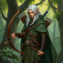 A forest elf scout, elegantly dressed in leather garments and a forest-green cloak that blends with the surroundings