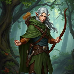 A forest elf scout, elegantly dressed in leather garments and a forest-green cloak that blends with the surroundings