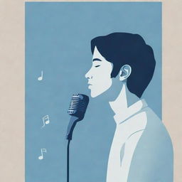 Calm, introspective poster in moe aesthetic, featuring an introverted figure surrounded by musical notes, gently holding a microphone. Use shades of tranquil blues. Illustrate introversion with a solitary figure in a peaceful, enclosed space.