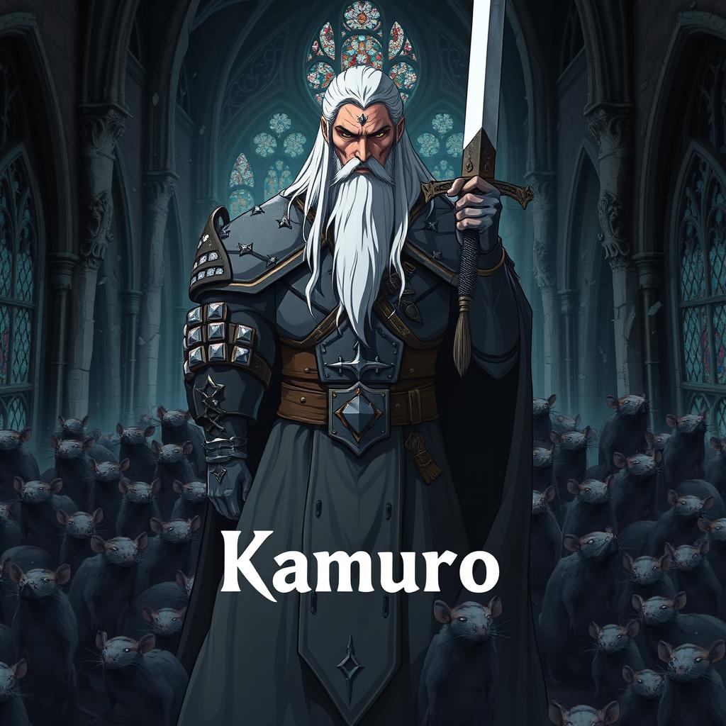 A dark fantasy anime cover titled "Kamuro" featuring a grim paladin in dirty gray armor, holding a sword in his right hand