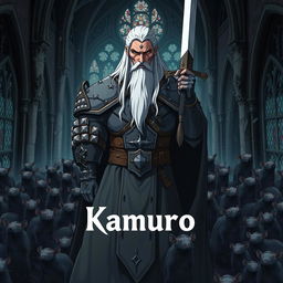 A dark fantasy anime cover titled "Kamuro" featuring a grim paladin in dirty gray armor, holding a sword in his right hand