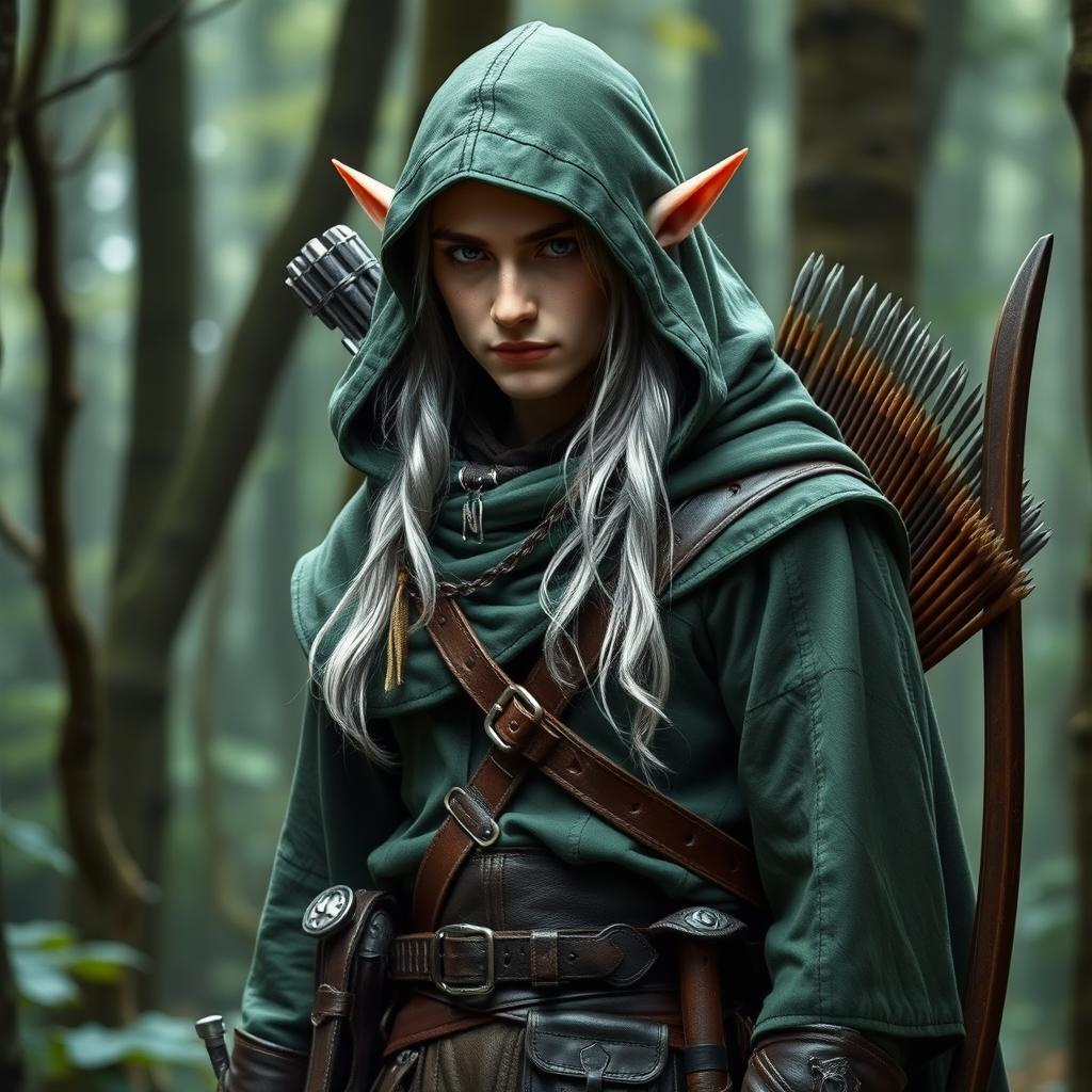 A forest elf scout, dressed in leather garments with a hood that adds a serious expression to his face