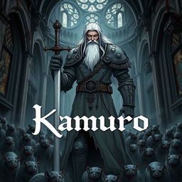 A dark fantasy anime cover titled "Kamuro" featuring a grim paladin in dirty gray armor, holding a sword in his right hand