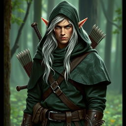 A forest elf scout, dressed in leather garments with a hood that adds a serious expression to his face