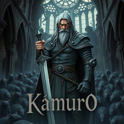 A dark fantasy anime cover titled "Kamuro" featuring a grim paladin in dirty gray armor, holding a sword in his right hand