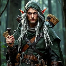 A forest elf scout, dressed in leather garments with a hood that adds a serious expression to his face