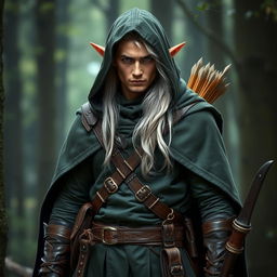 A forest elf scout, dressed in leather garments with a hood that adds a serious expression to his face