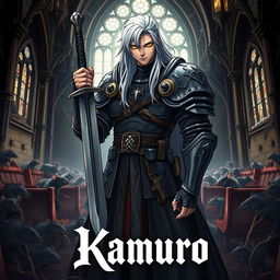 A dark fantasy anime cover titled "Kamuro" featuring a brooding paladin clad in dirty gray armor, gripping a sword firmly in his right hand