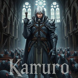 A dark fantasy anime cover titled "Kamuro" featuring a brooding paladin clad in dirty gray armor, gripping a sword firmly in his right hand