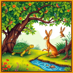 A beautifully illustrated scene inspired by the classic Indian fable collection, Panchatantra, featuring a wise old tortoise and a clever hare having a conversation under a lush green tree