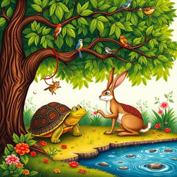 A beautifully illustrated scene inspired by the classic Indian fable collection, Panchatantra, featuring a wise old tortoise and a clever hare having a conversation under a lush green tree