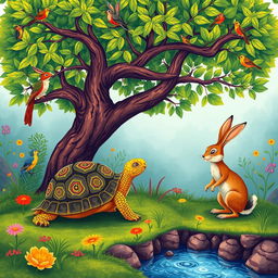 A beautifully illustrated scene inspired by the classic Indian fable collection, Panchatantra, featuring a wise old tortoise and a clever hare having a conversation under a lush green tree