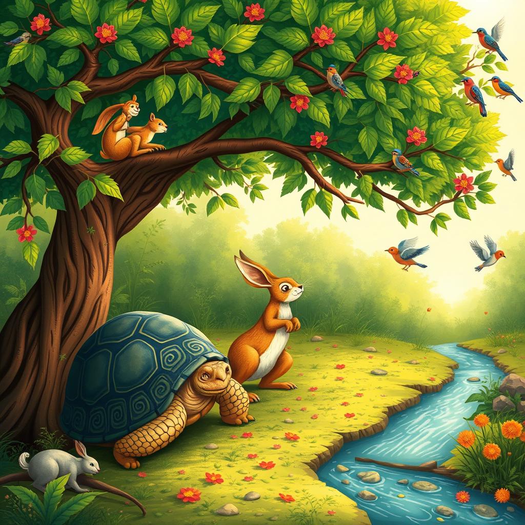 A beautifully illustrated scene inspired by the classic Indian fable collection, Panchatantra, featuring a wise old tortoise and a clever hare having a conversation under a lush green tree