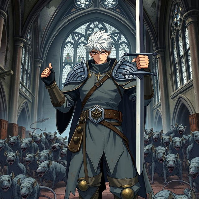 A dark fantasy anime cover titled "Kamuro" featuring a formidable paladin in dirty gray armor, gripping a sword in his right hand