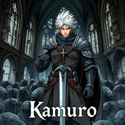 A dark fantasy anime cover titled "Kamuro" featuring a formidable paladin in dirty gray armor, gripping a sword in his right hand