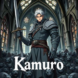 A dark fantasy anime cover titled "Kamuro" featuring a formidable paladin in dirty gray armor, gripping a sword in his right hand