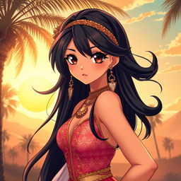 A stunning hot Arab anime girl with vibrant, flowing black hair, large expressive dark eyes, and sun-kissed skin