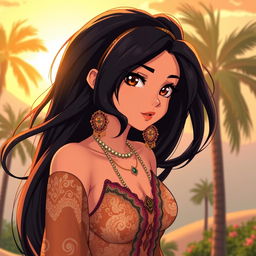 A stunning hot Arab anime girl with vibrant, flowing black hair, large expressive dark eyes, and sun-kissed skin