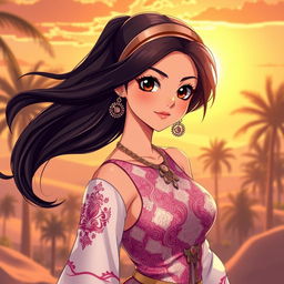 A stunning hot Arab anime girl with vibrant, flowing black hair, large expressive dark eyes, and sun-kissed skin