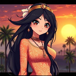 A stunning hot Arab anime girl with vibrant, flowing black hair, large expressive dark eyes, and sun-kissed skin