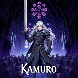 A dark fantasy anime cover titled "Kamuro" with a violet color theme, featuring a fierce paladin in dirty gray armor, brandishing a sword in his right hand