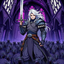 A dark fantasy anime cover titled "Kamuro" with a violet color theme, featuring a fierce paladin in dirty gray armor, brandishing a sword in his right hand