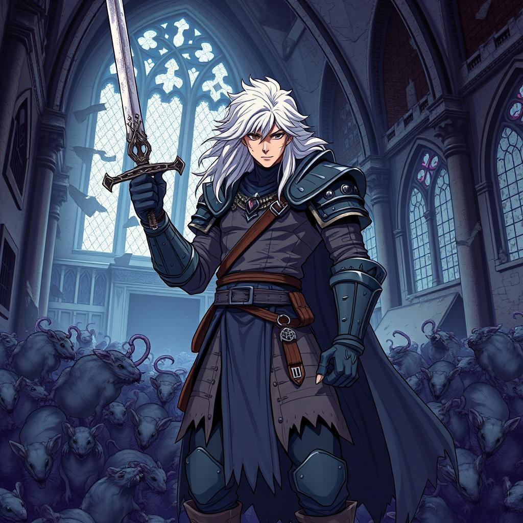 A dark fantasy anime cover titled "Kamuro" with a violet color theme, featuring a fierce paladin in dirty gray armor, brandishing a sword in his right hand