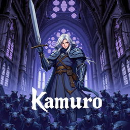 A dark fantasy anime cover titled "Kamuro" with a violet color theme, featuring a fierce paladin in dirty gray armor, brandishing a sword in his right hand