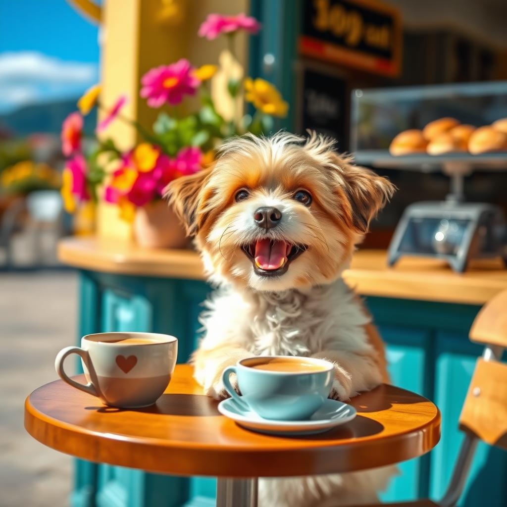 A cute dog happily sitting at a small outdoor café table, with a steaming cup of coffee beside it