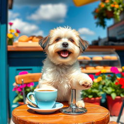 A cute dog happily sitting at a small outdoor café table, with a steaming cup of coffee beside it