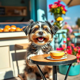 A cute dog happily sitting at a small outdoor café table, with a steaming cup of coffee beside it