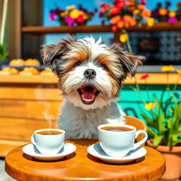 A cute dog happily sitting at a small outdoor café table, with a steaming cup of coffee beside it