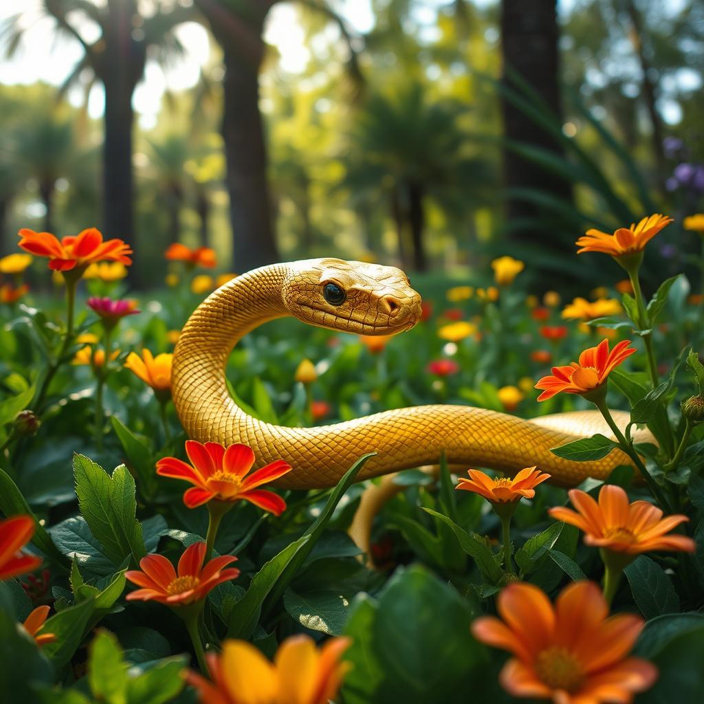 A stunning golden snake slithering gracefully through a lush green garden